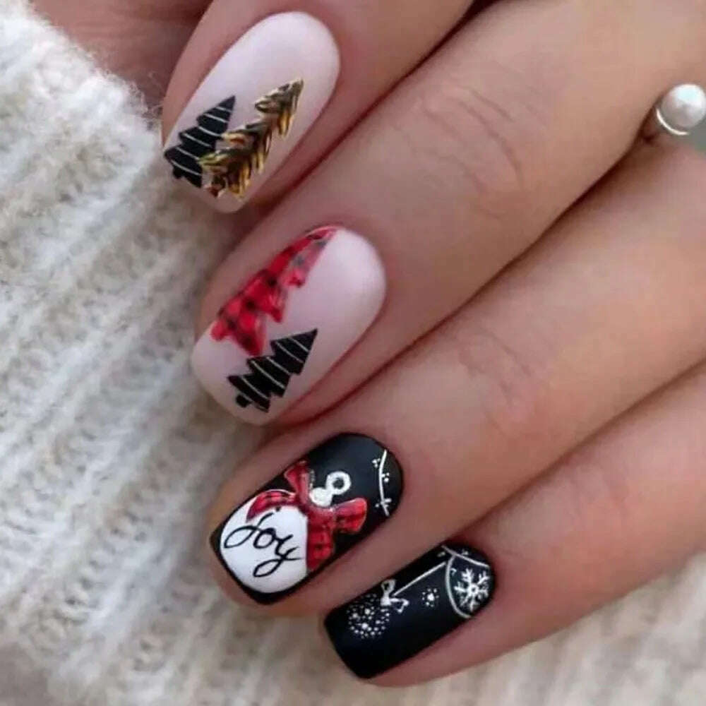KIMLUD, Santa Claus Fake Nail Tips Short Round Xmas Ins Christmas Pattern False Nails Patch Wearable Full Cover Merry Christmas Gifts, KIMLUD Womens Clothes