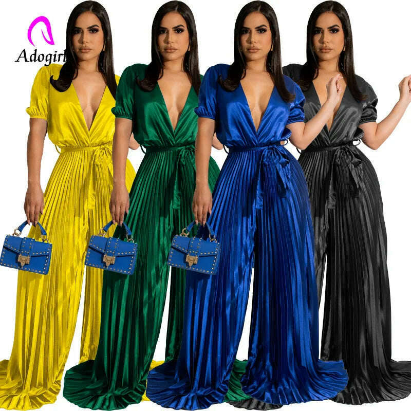 KIMLUD, Satin Women Rompers Short Sleeve Solid One Piece Overalls Elegant Evening Party Pleated Jumpsuits 2022 Summer Workout Activewear, KIMLUD Women's Clothes