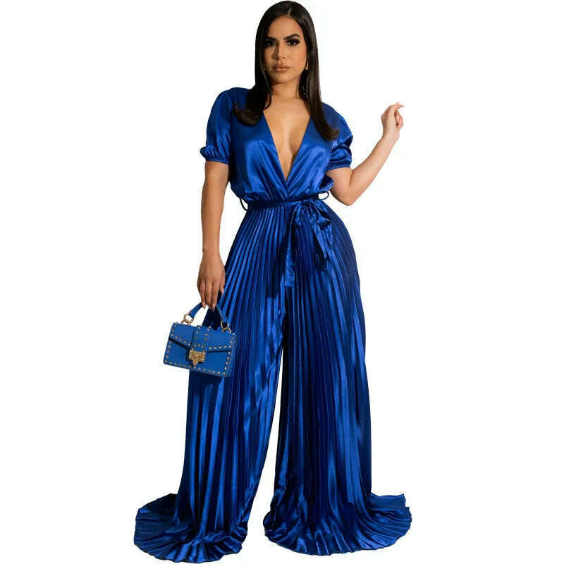 KIMLUD, Satin Women Rompers Short Sleeve Solid One Piece Overalls Elegant Evening Party Pleated Jumpsuits 2022 Summer Workout Activewear, Blue / S / United States, KIMLUD APPAREL - Womens Clothes