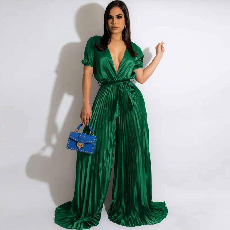 KIMLUD, Satin Women Rompers Short Sleeve Solid One Piece Overalls Elegant Evening Party Pleated Jumpsuits 2022 Summer Workout Activewear, KIMLUD Womens Clothes