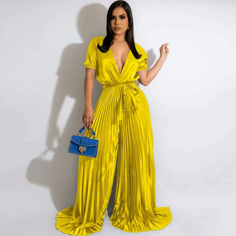 KIMLUD, Satin Women Rompers Short Sleeve Solid One Piece Overalls Elegant Evening Party Pleated Jumpsuits 2022 Summer Workout Activewear, KIMLUD Womens Clothes
