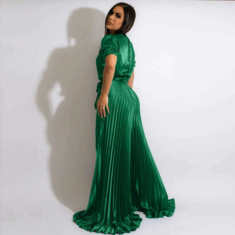 KIMLUD, Satin Women Rompers Short Sleeve Solid One Piece Overalls Elegant Evening Party Pleated Jumpsuits 2022 Summer Workout Activewear, KIMLUD Womens Clothes