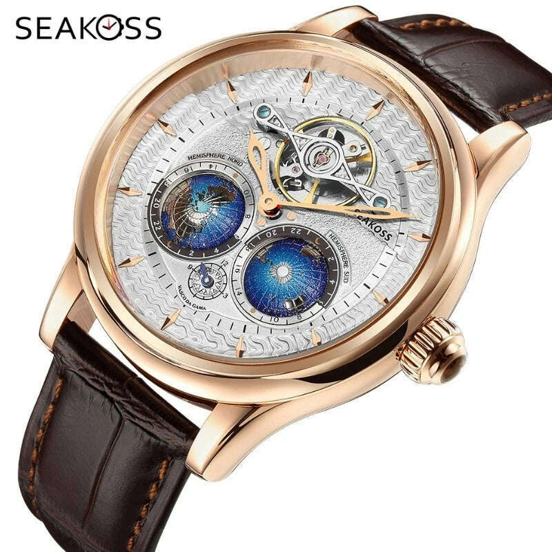 KIMLUD, SEAKOSS Luxury Double Earth Rotating Men's Mechanical Watch Automatic Movement Waterproof Clock Pilots Men 1963 Flywheel Watches, KIMLUD Womens Clothes