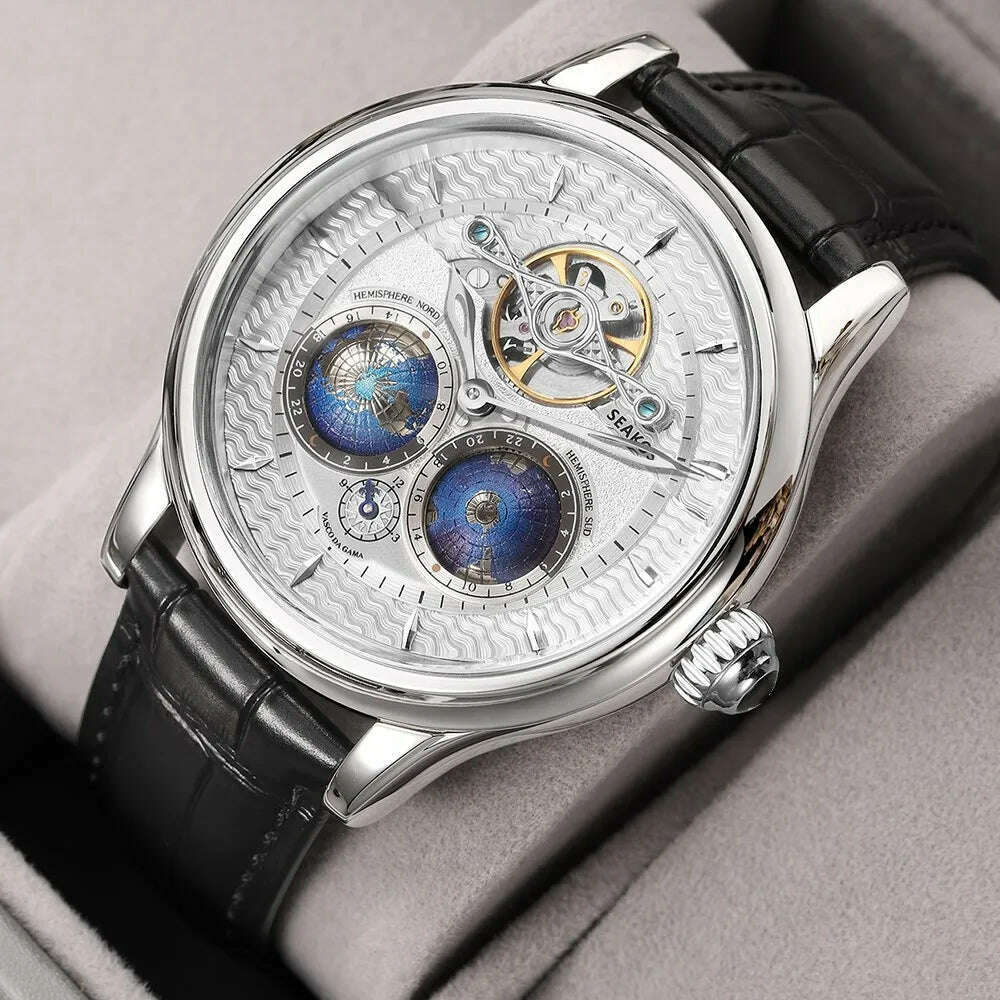 KIMLUD, SEAKOSS Luxury Double Earth Rotating Men's Mechanical Watch Automatic Movement Waterproof Clock Pilots Men 1963 Flywheel Watches, KIMLUD Womens Clothes