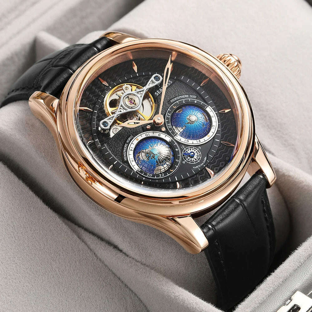 KIMLUD, SEAKOSS Luxury Double Earth Rotating Men's Mechanical Watch Automatic Movement Waterproof Clock Pilots Men 1963 Flywheel Watches, KIMLUD Womens Clothes