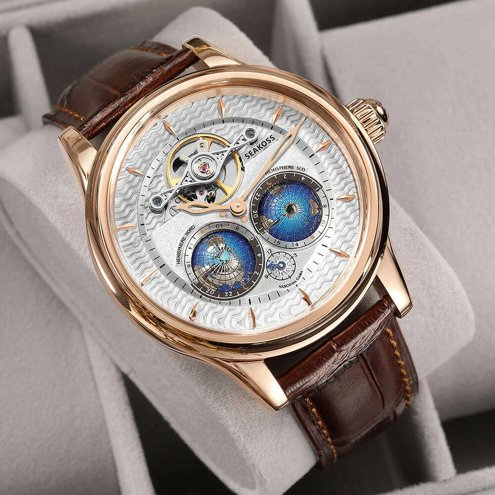 KIMLUD, SEAKOSS Luxury Double Earth Rotating Men's Mechanical Watch Automatic Movement Waterproof Clock Pilots Men 1963 Flywheel Watches, KIMLUD Womens Clothes