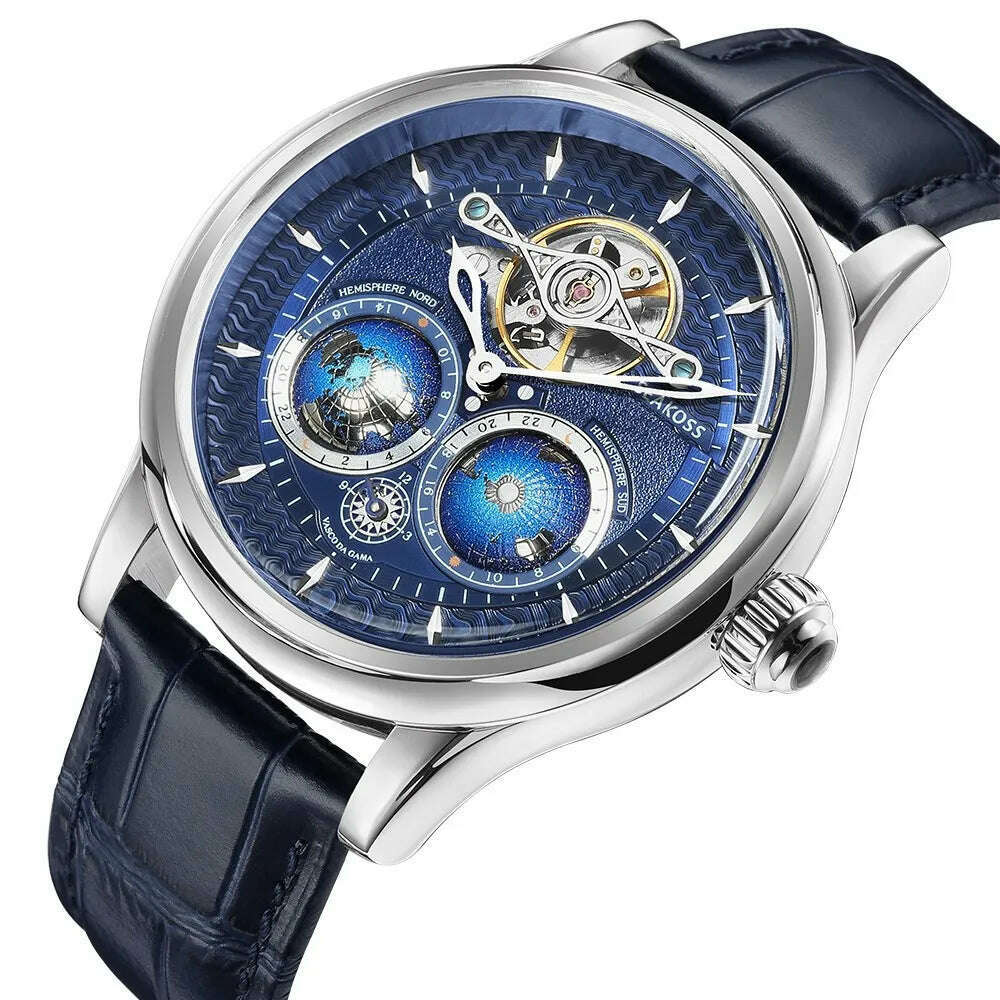 KIMLUD, SEAKOSS Luxury Double Earth Rotating Men's Mechanical Watch Automatic Movement Waterproof Clock Pilots Men 1963 Flywheel Watches, three with box, KIMLUD APPAREL - Womens Clothes