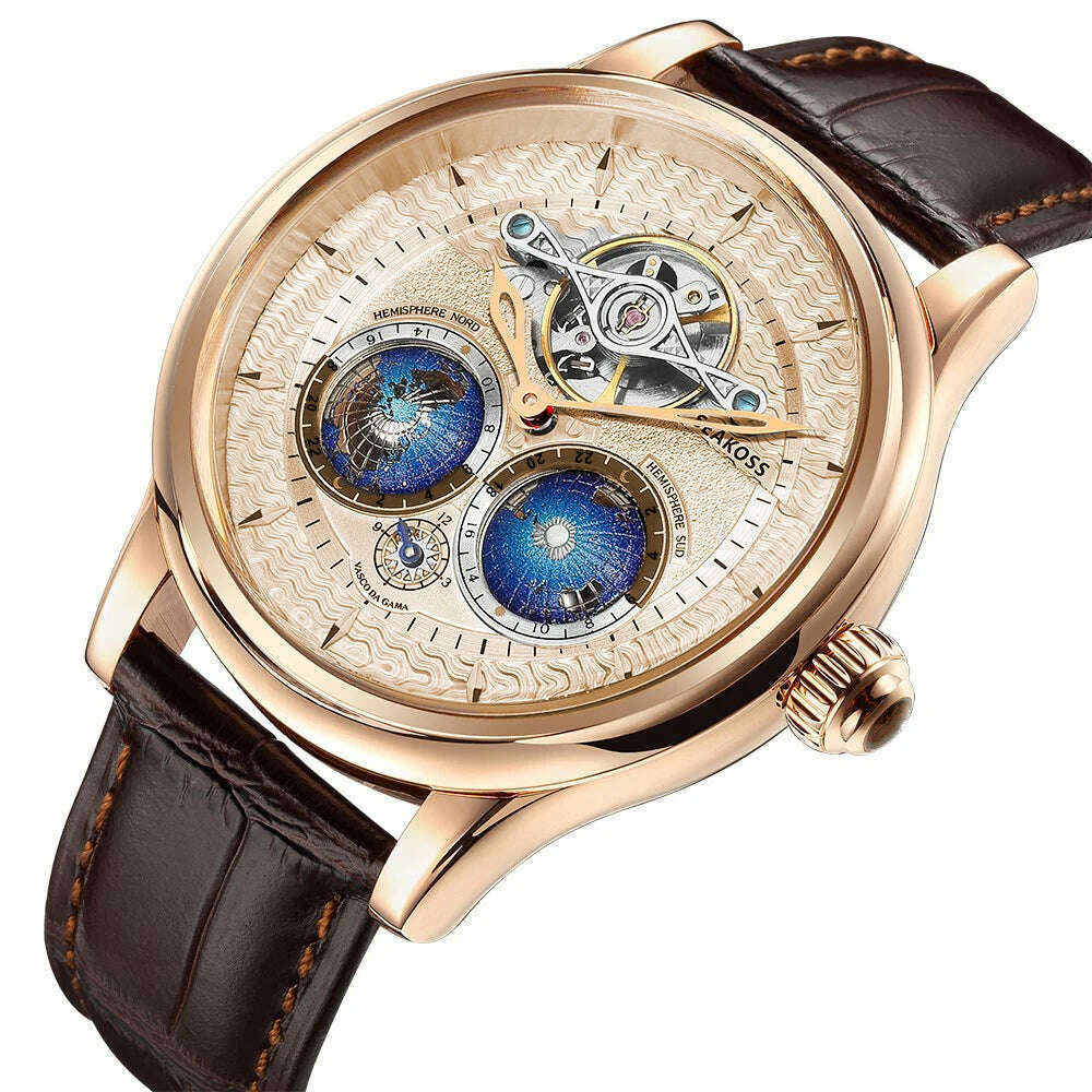 KIMLUD, SEAKOSS Luxury Double Earth Rotating Men's Mechanical Watch Automatic Movement Waterproof Clock Pilots Men 1963 Flywheel Watches, KIMLUD Womens Clothes