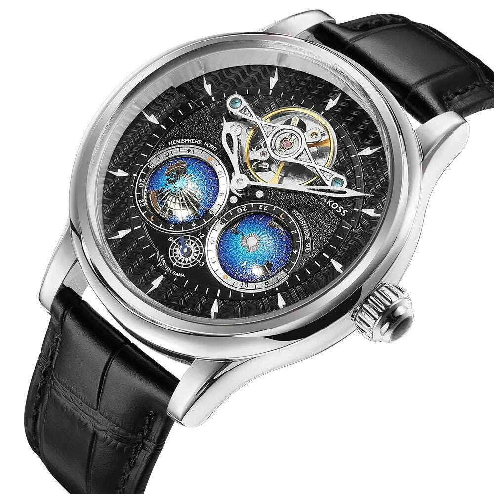 KIMLUD, SEAKOSS Luxury Double Earth Rotating Men's Mechanical Watch Automatic Movement Waterproof Clock Pilots Men 1963 Flywheel Watches, KIMLUD Womens Clothes