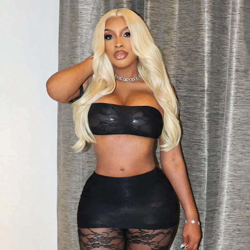 KIMLUD, See Through Black Lace Mesh 2 Piece Set Crop Top and Leggings Sexy Club Outfits Summer 2024 Women Elegant Clothes, KIMLUD Womens Clothes