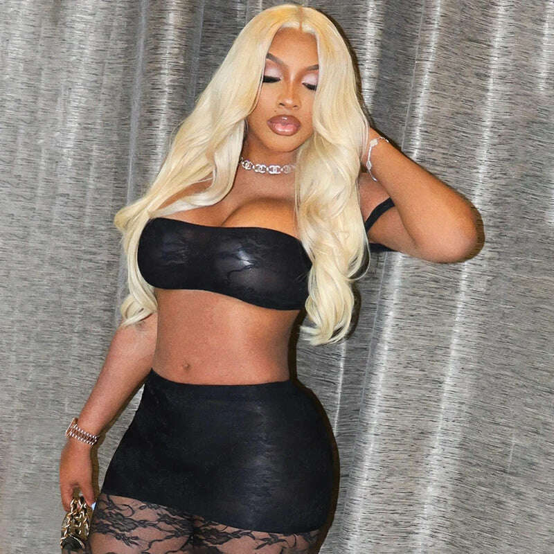 KIMLUD, See Through Black Lace Mesh 2 Piece Set Crop Top and Leggings Sexy Club Outfits Summer 2024 Women Elegant Clothes, KIMLUD Womens Clothes