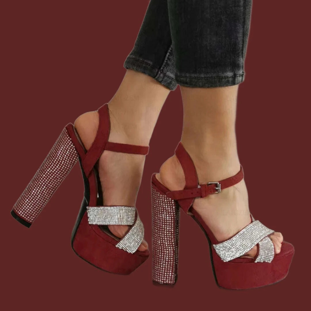 KIMLUD, SEIIHEM Women Platform Sandals Studded Crystal Thick Chunky Heels Faux Suede Pumps Party Prom Shoes Women Big Size 41 42 45 52, JY922 Wine / 7, KIMLUD APPAREL - Womens Clothes