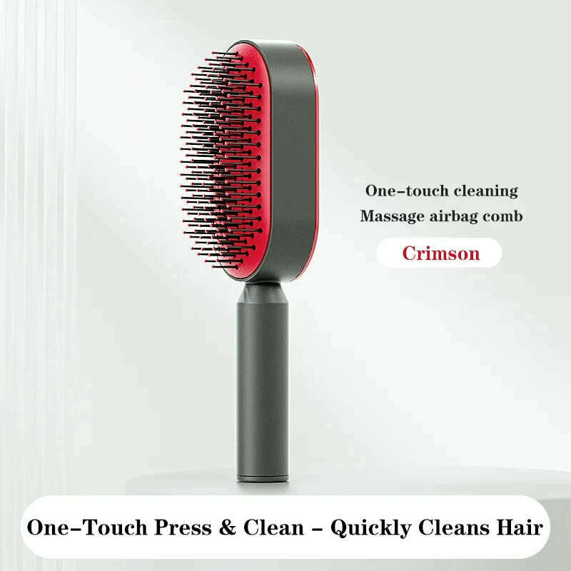 KIMLUD, Self Cleaning Hairbrush Women Hair Brush One-key Cleaning Hair Loss Airbag Scalp Massage Comb Anti-Static Hairbrush, Pressing Red, KIMLUD APPAREL - Womens Clothes