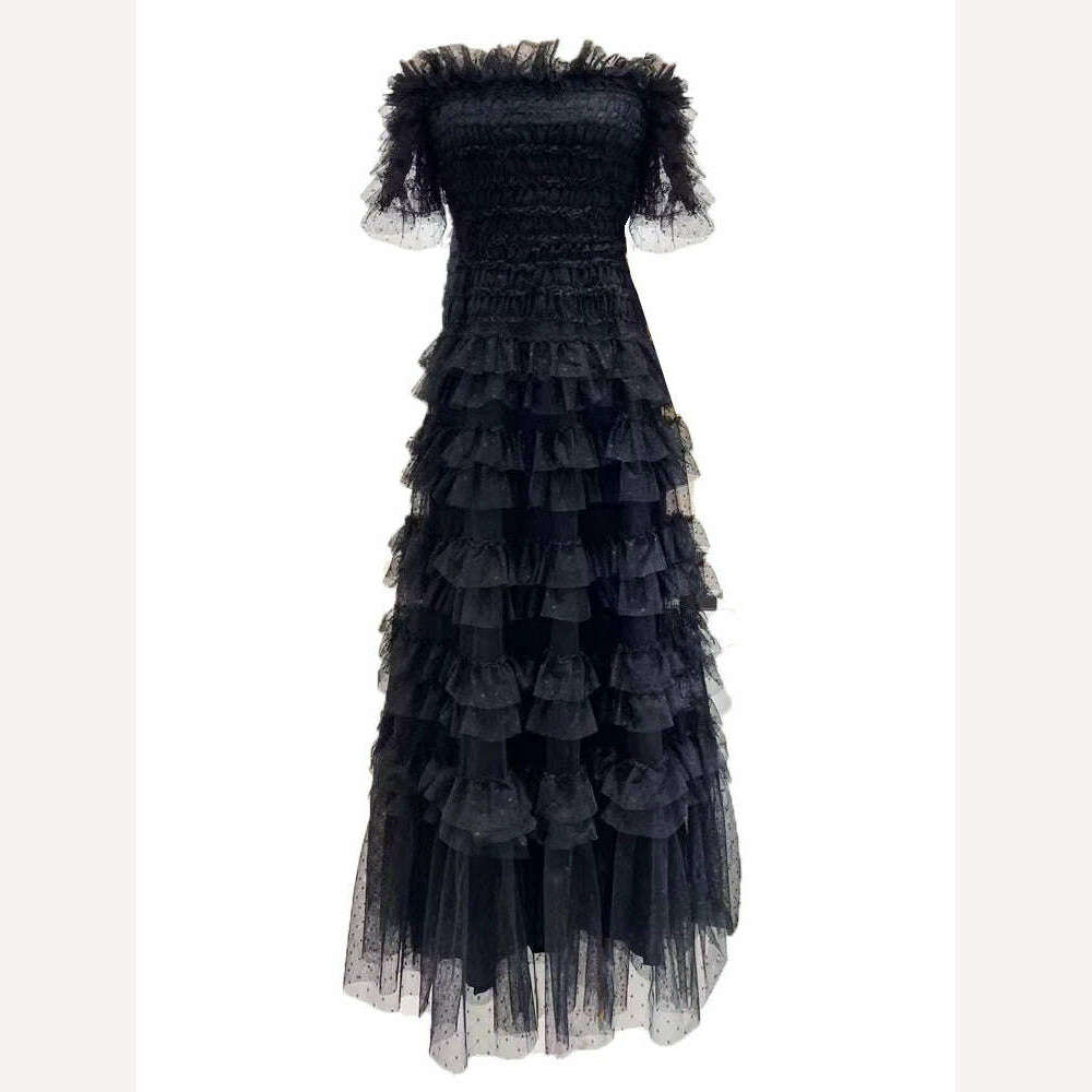 KIMLUD, SEQINYY Elegant Party Dress Summer Spring New Fashion Design Women Runway High Street Short Sleeve Ruffles Cake Elastic, black / S / CN, KIMLUD APPAREL - Womens Clothes