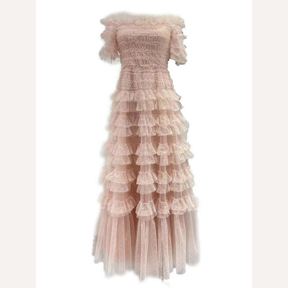 KIMLUD, SEQINYY Elegant Party Dress Summer Spring New Fashion Design Women Runway High Street Short Sleeve Ruffles Cake Elastic, Pink / S / CN, KIMLUD APPAREL - Womens Clothes