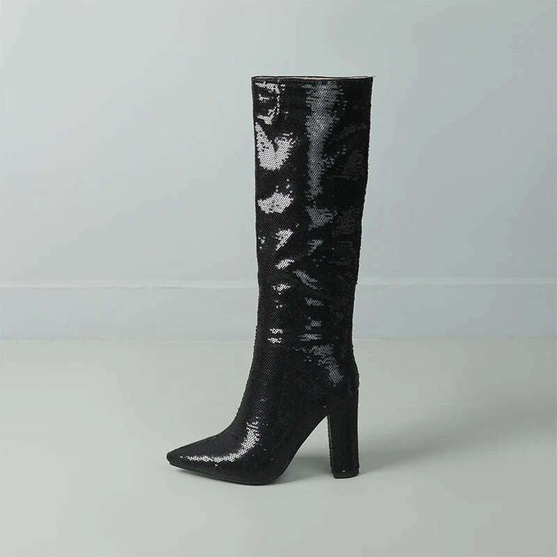 KIMLUD, Sequined Bling Pointed Toe Knee High Women Boots High Heels Slip On Solid Color New Fashion Street Style Sexy Party Ladies Shoes, black / 34, KIMLUD APPAREL - Womens Clothes