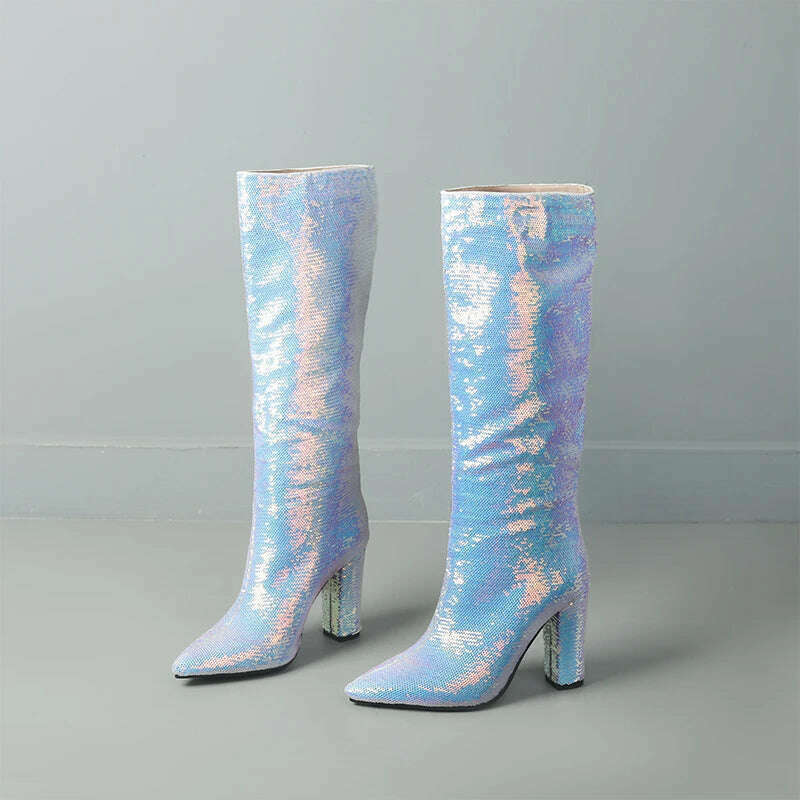 KIMLUD, Sequined Bling Pointed Toe Knee High Women Boots High Heels Slip On Solid Color New Fashion Street Style Sexy Party Ladies Shoes, Blue / 34, KIMLUD APPAREL - Womens Clothes