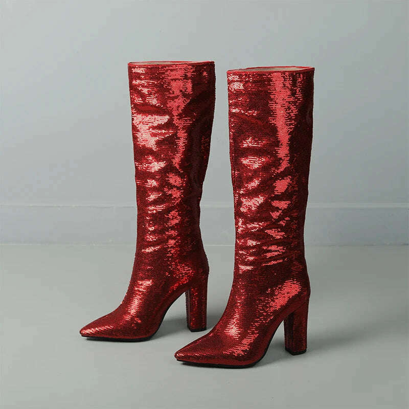 KIMLUD, Sequined Bling Pointed Toe Knee High Women Boots High Heels Slip On Solid Color New Fashion Street Style Sexy Party Ladies Shoes, Red / 34, KIMLUD APPAREL - Womens Clothes