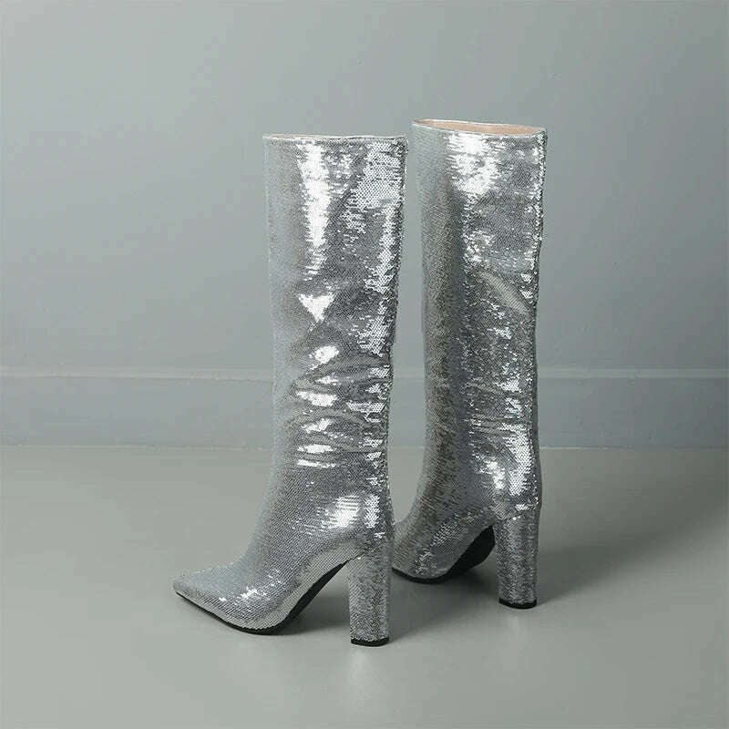 KIMLUD, Sequined Bling Pointed Toe Knee High Women Boots High Heels Slip On Solid Color New Fashion Street Style Sexy Party Ladies Shoes, Silver / 34, KIMLUD APPAREL - Womens Clothes