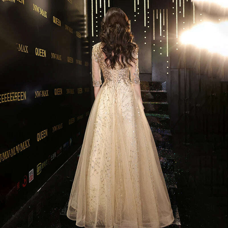 Sequins High Neck Evening Dress A-Line Half Sleeves Pleat Floor Length Lace Up Elegant Plus size Woman Formal Party Gowns XC032 - KIMLUD