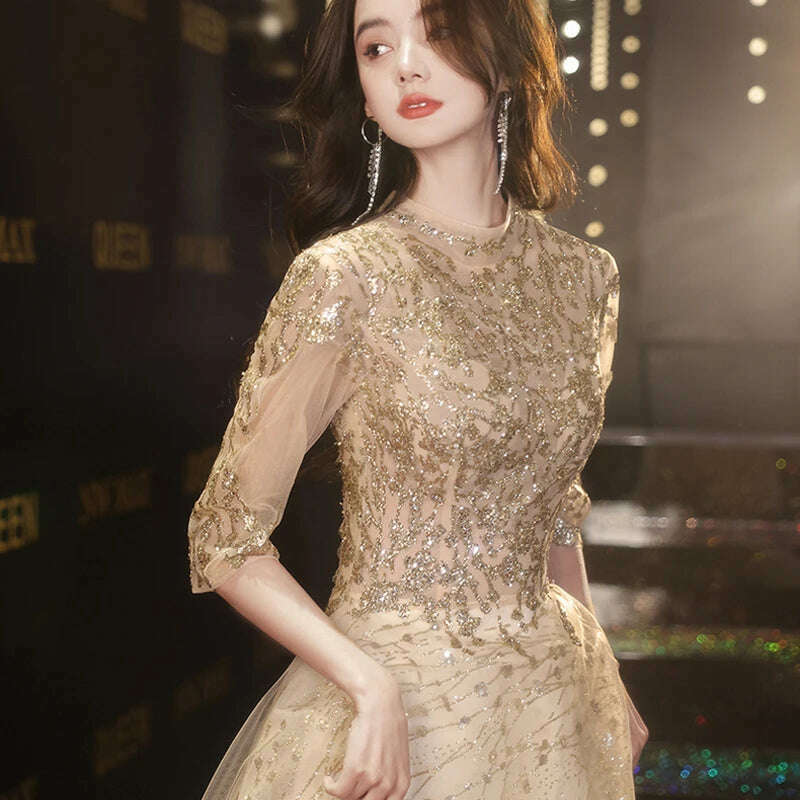 Sequins High Neck Evening Dress A-Line Half Sleeves Pleat Floor Length Lace Up Elegant Plus size Woman Formal Party Gowns XC032 - KIMLUD