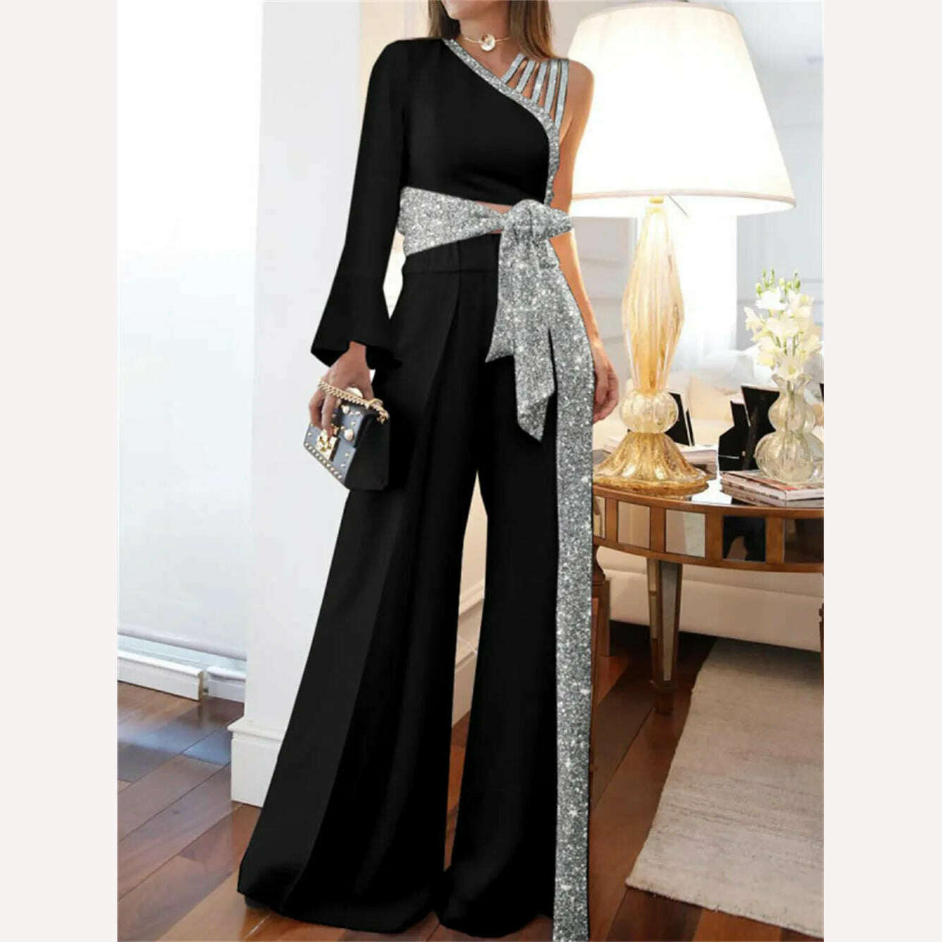 KIMLUD, Sequins Women Jumpsuit 2023 New Sexy Female One Shoulder Lace-up Flare Pants Bodysuits Elegant Prom Party Jumpsuit, Black / S, KIMLUD APPAREL - Womens Clothes
