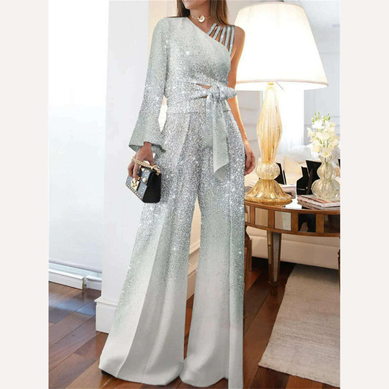KIMLUD, Sequins Women Jumpsuit 2023 New Sexy Female One Shoulder Lace-up Flare Pants Bodysuits Elegant Prom Party Jumpsuit, White / S, KIMLUD APPAREL - Womens Clothes