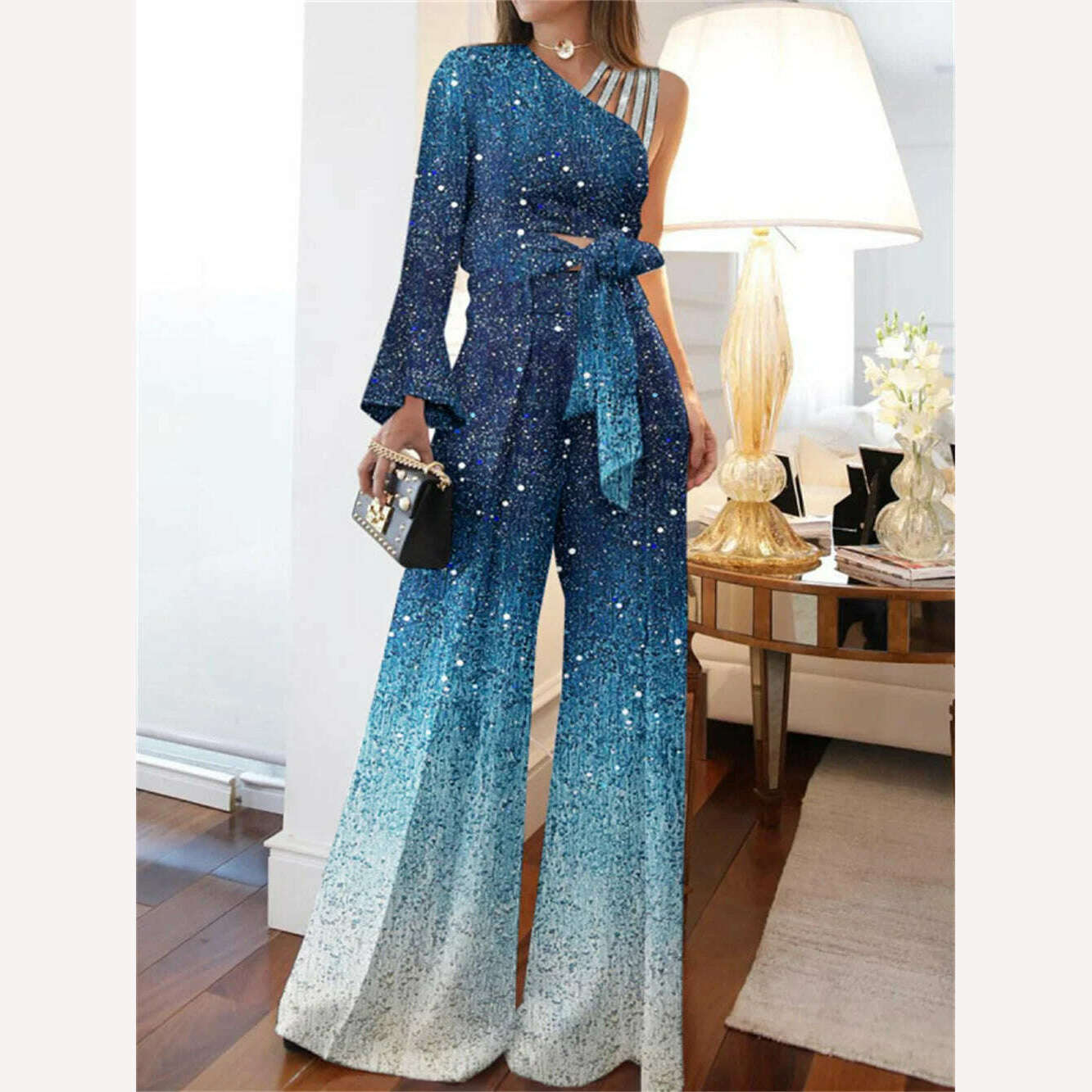 KIMLUD, Sequins Women Jumpsuit 2023 New Sexy Female One Shoulder Lace-up Flare Pants Bodysuits Elegant Prom Party Jumpsuit, KIMLUD Womens Clothes
