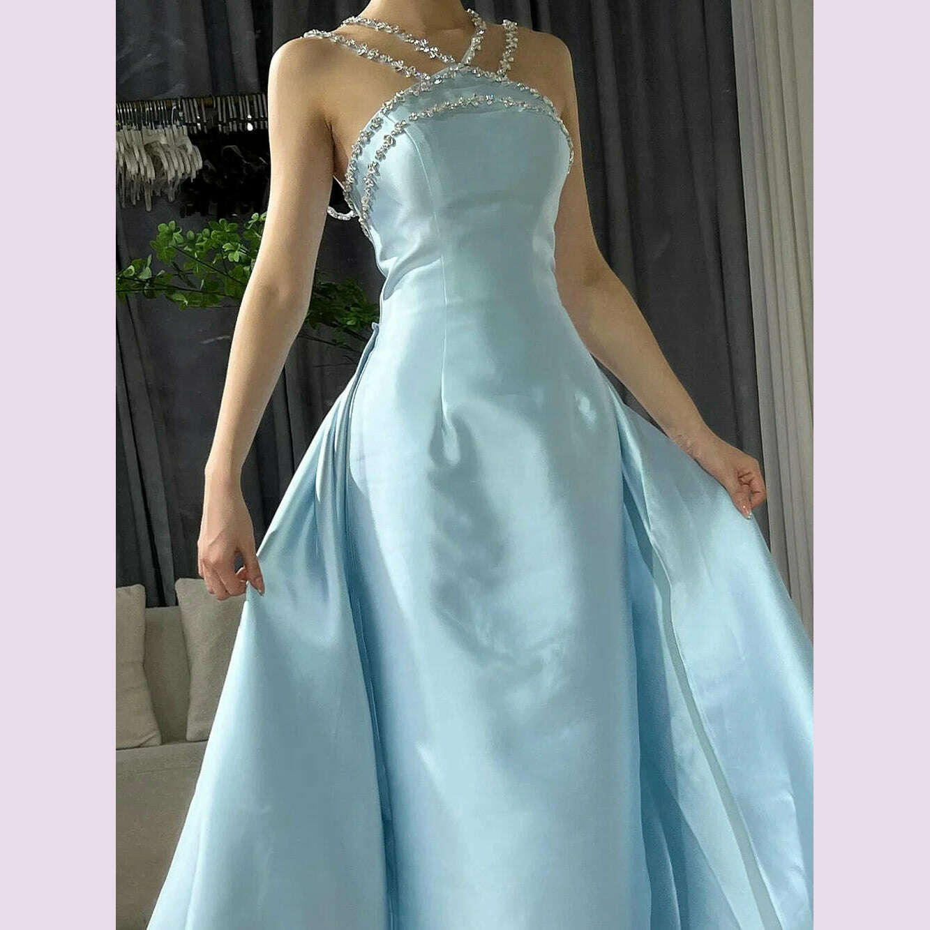 KIMLUD, Serene Hill 2025 Customized Blue Satin Halter With Overskirt Mermaid Beaded Evening Dresses Gowns for Formal Occasion BLA72524, KIMLUD Womens Clothes