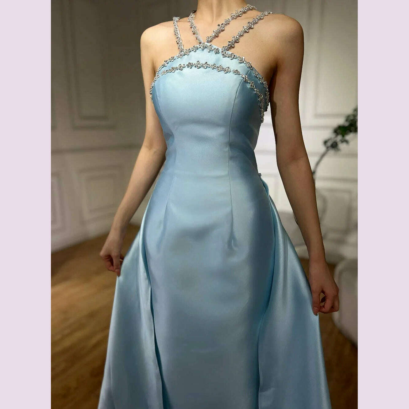 KIMLUD, Serene Hill 2025 Customized Blue Satin Halter With Overskirt Mermaid Beaded Evening Dresses Gowns for Formal Occasion BLA72524, KIMLUD Womens Clothes