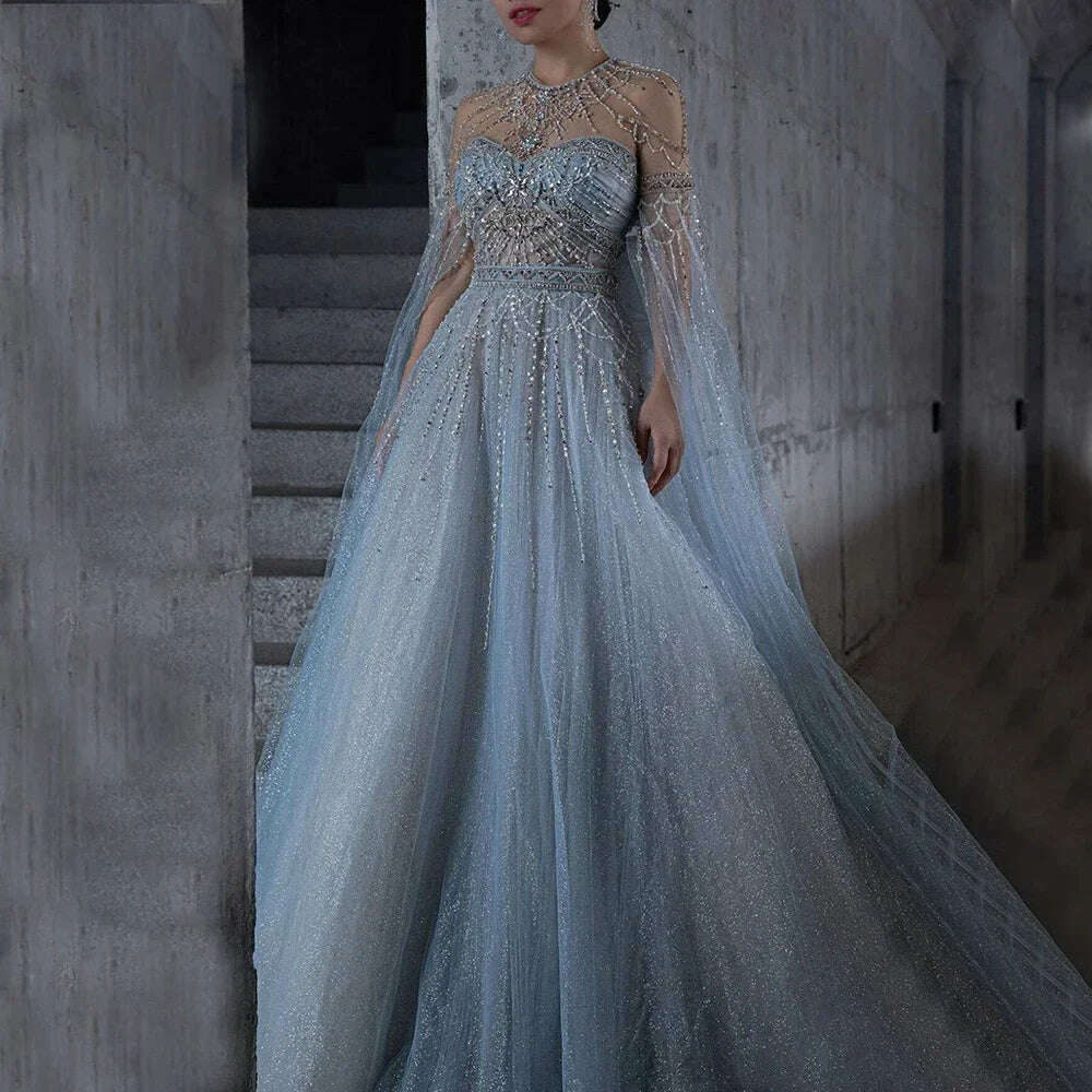 KIMLUD, Serene Hill Blue A-Line Arabic Cape Sleeves O-Neck Bow Beaded Luxury Evening Dresses Gowns 2023 For Women Party BLA71831, blue / 6, KIMLUD APPAREL - Womens Clothes