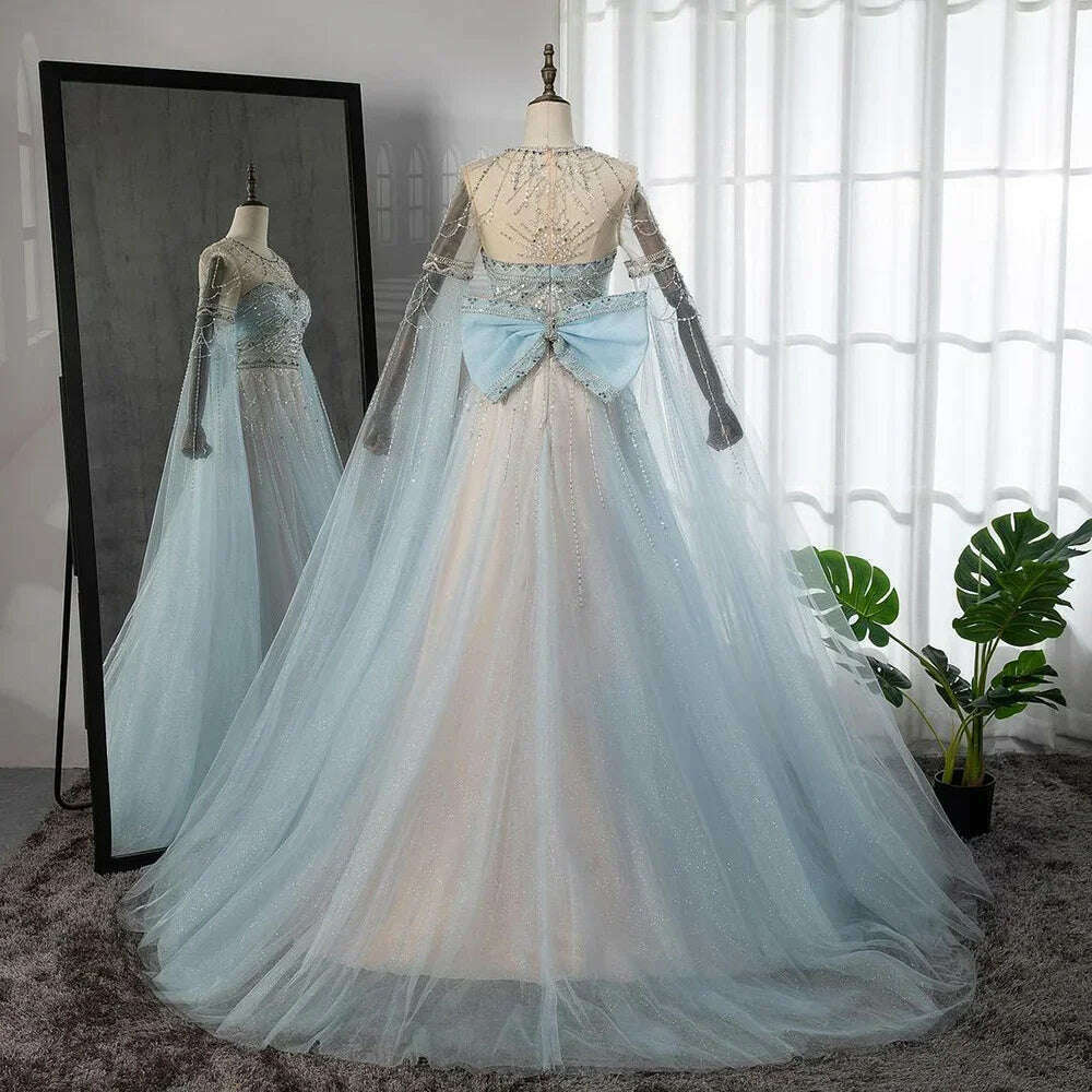 KIMLUD, Serene Hill Blue A-Line Arabic Cape Sleeves O-Neck Bow Beaded Luxury Evening Dresses Gowns 2023 For Women Party BLA71831, KIMLUD Womens Clothes