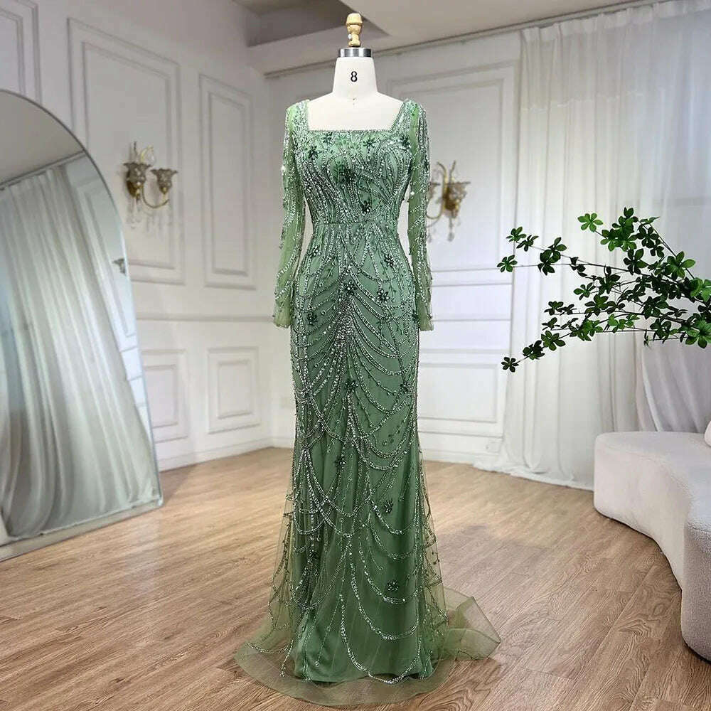 KIMLUD, Serene Hill Luxury Dubai Green Mermaid Elegant Crystal Beaded Arabic Evening Dresses Gowns For Women Wedding Party 2023 BLA72242, green / 4, KIMLUD Womens Clothes