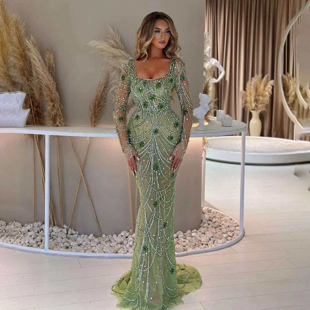 Serene Hill Luxury Dubai Green Mermaid Elegant Crystal Beaded Arabic Evening Dresses Gowns For Women Wedding Party 2023 BLA72242 - KIMLUD