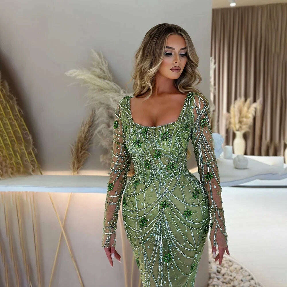 KIMLUD, Serene Hill Luxury Dubai Green Mermaid Elegant Crystal Beaded Arabic Evening Dresses Gowns For Women Wedding Party 2023 BLA72242, KIMLUD Womens Clothes