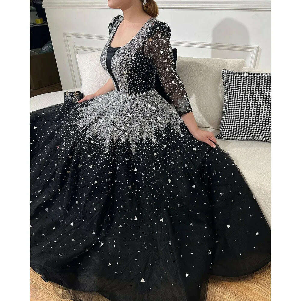 KIMLUD, Serene Hill Muslim Black A-Line Evening Dresses Gowns 2023 Beaded Luxury For Woman Wedding Party BLA71214, KIMLUD Womens Clothes