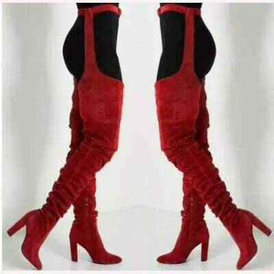 Sestito Women Sexy Side Zipper Thigh High Boots Female Belt Trousers Boots Ladies Flock Pointed Toe Suqare High Heels Boots - KIMLUD