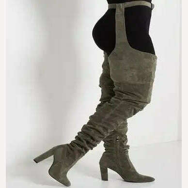 Sestito Women Sexy Side Zipper Thigh High Boots Female Belt Trousers Boots Ladies Flock Pointed Toe Suqare High Heels Boots - KIMLUD