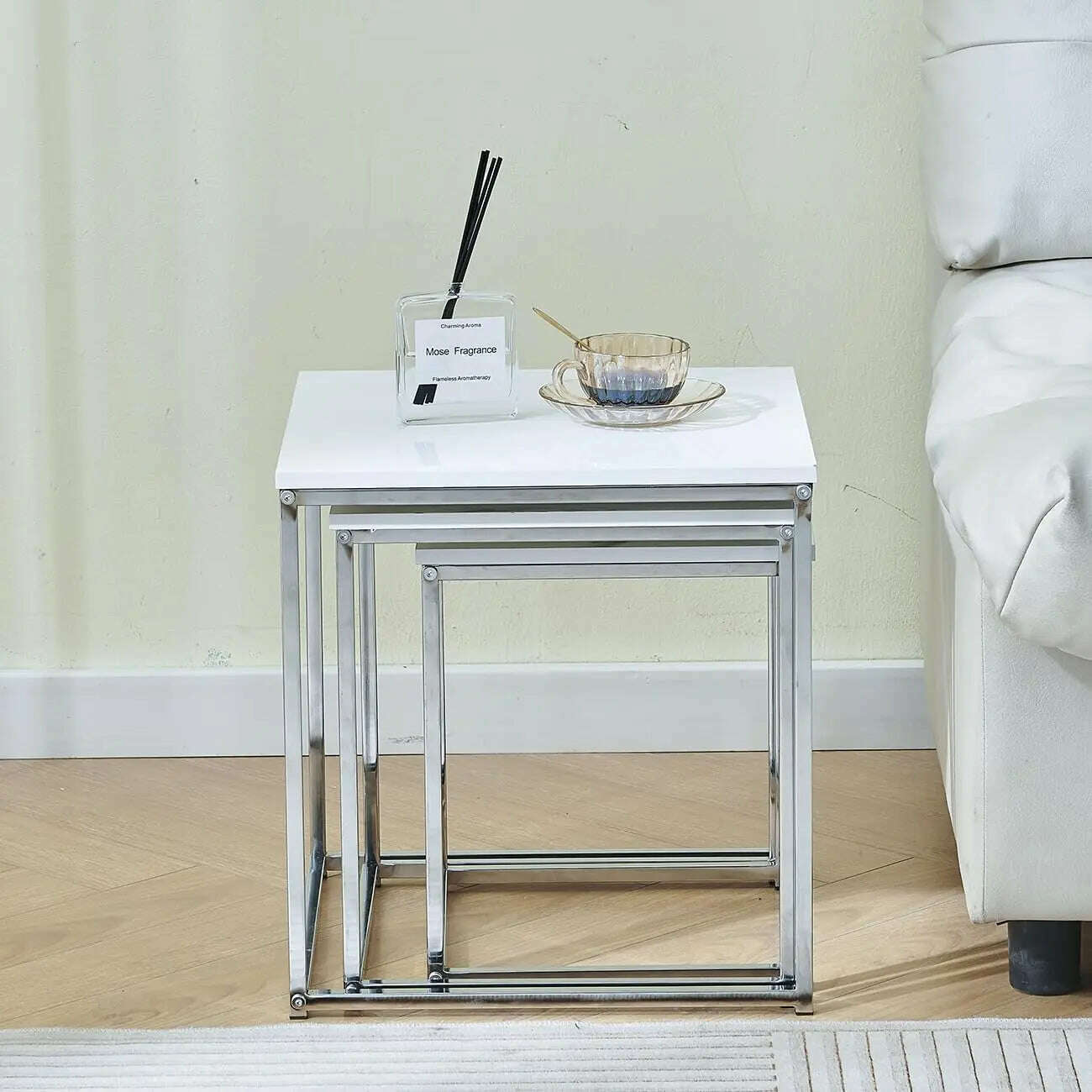 KIMLUD, Set of 3 Nesting Tables, High Gloss Nested Coffee Tables, Square Wooden End Tables with Metal Frame for Living Room, KIMLUD Womens Clothes