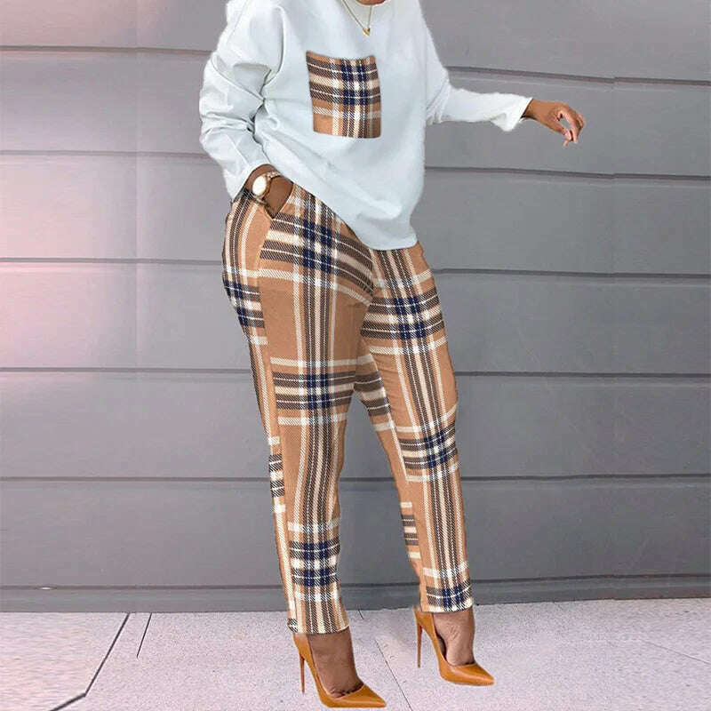 KIMLUD, Set Of Women Spring Autumn Two Pieces Casual Female Print Loose Pants Matching Suit Streetwear Long Sleeve Tops And Trousers Set, white khaki / S, KIMLUD APPAREL - Womens Clothes
