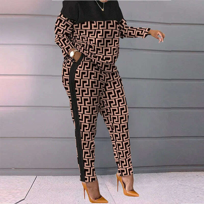 KIMLUD, Set Of Women Spring Autumn Two Pieces Casual Female Print Loose Pants Matching Suit Streetwear Long Sleeve Tops And Trousers Set, brown / S, KIMLUD APPAREL - Womens Clothes