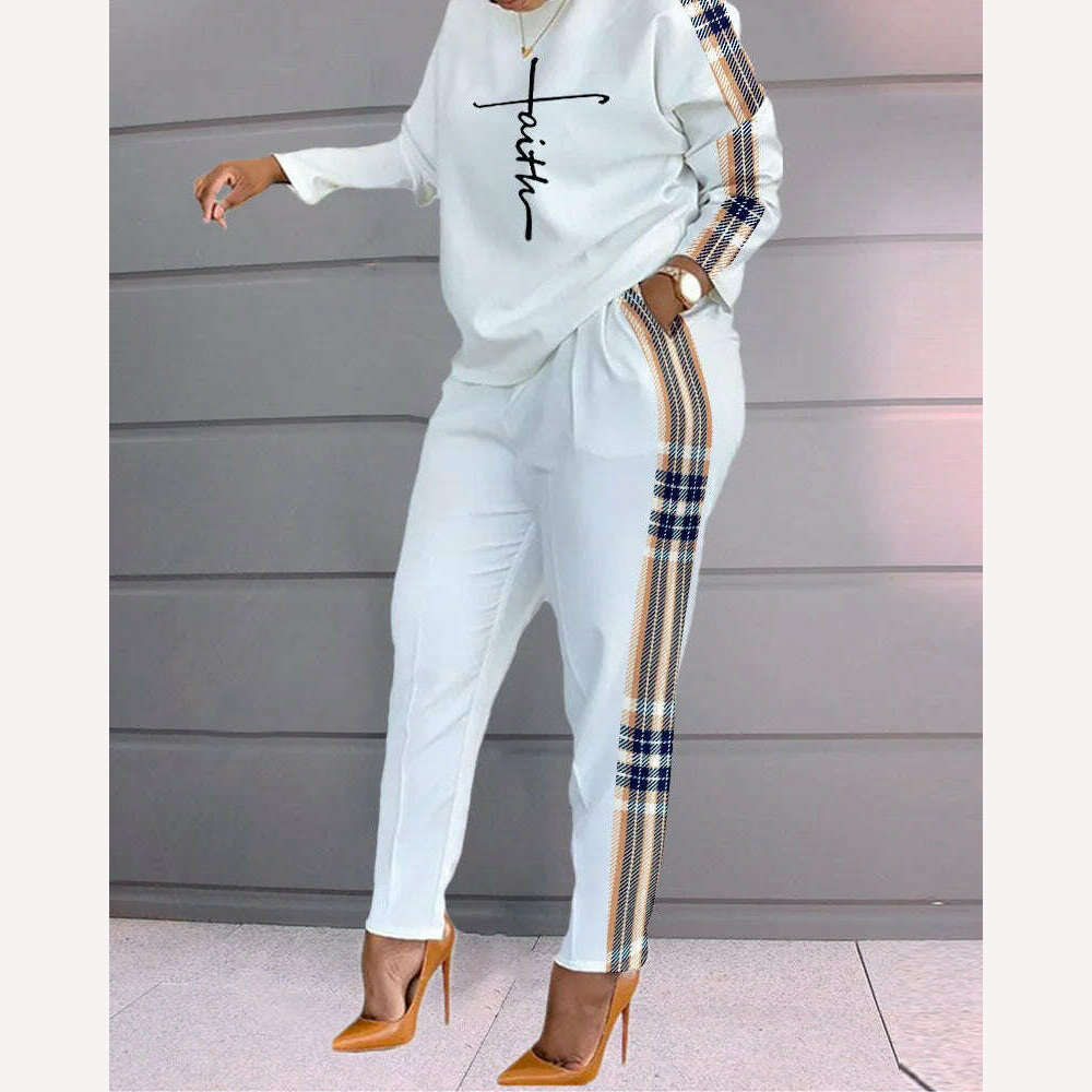 KIMLUD, Set Of Women Spring Autumn Two Pieces Casual Female Print Loose Pants Matching Suit Streetwear Long Sleeve Tops And Trousers Set, white / S, KIMLUD APPAREL - Womens Clothes