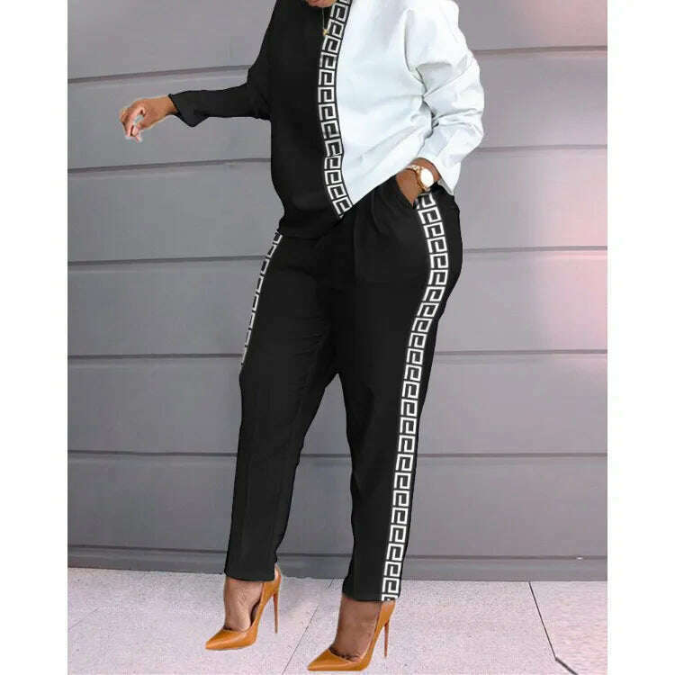 KIMLUD, Set Of Women Spring Autumn Two Pieces Casual Female Print Loose Pants Matching Suit Streetwear Long Sleeve Tops And Trousers Set, black white / S, KIMLUD APPAREL - Womens Clothes