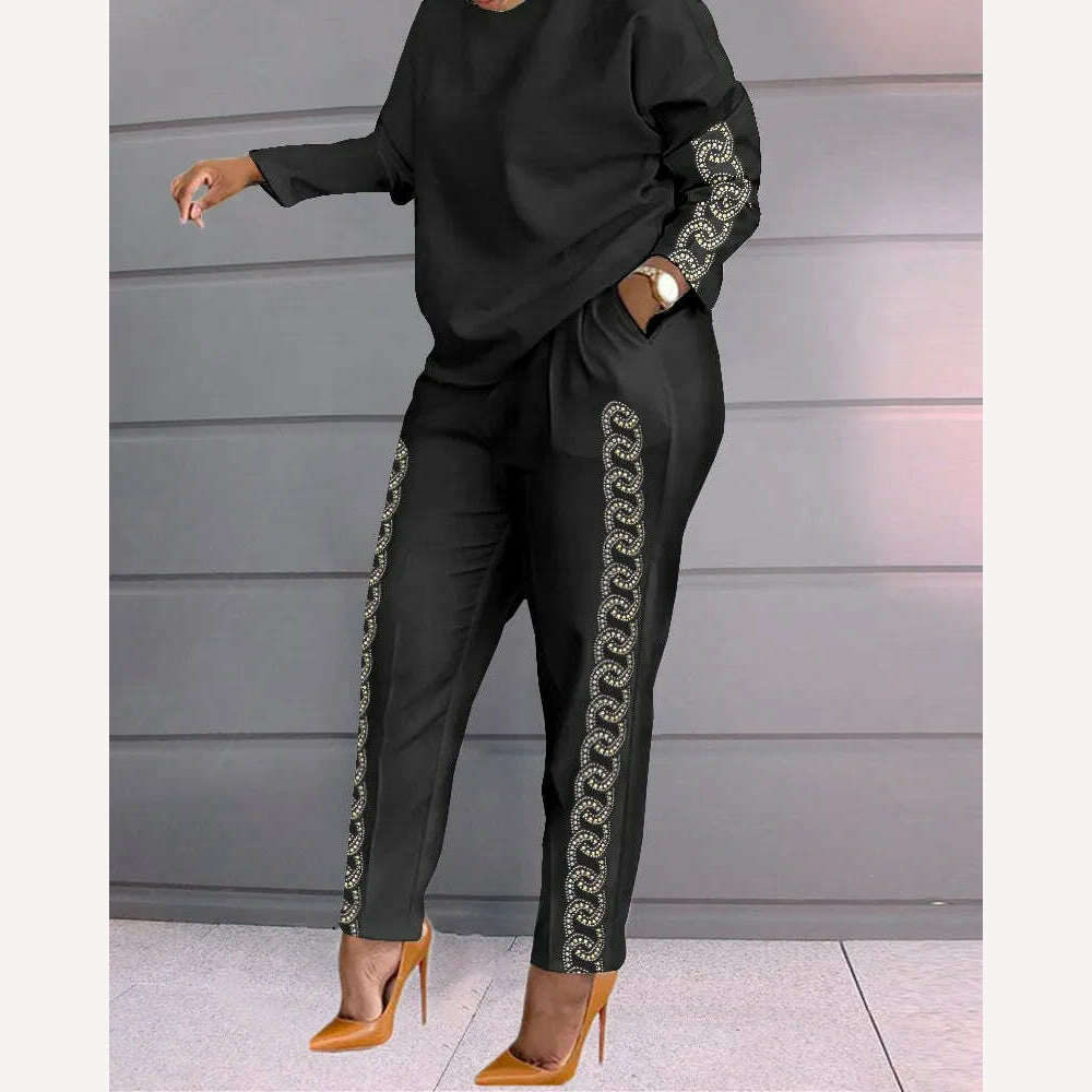 KIMLUD, Set Of Women Spring Autumn Two Pieces Casual Female Print Loose Pants Matching Suit Streetwear Long Sleeve Tops And Trousers Set, black / S, KIMLUD APPAREL - Womens Clothes