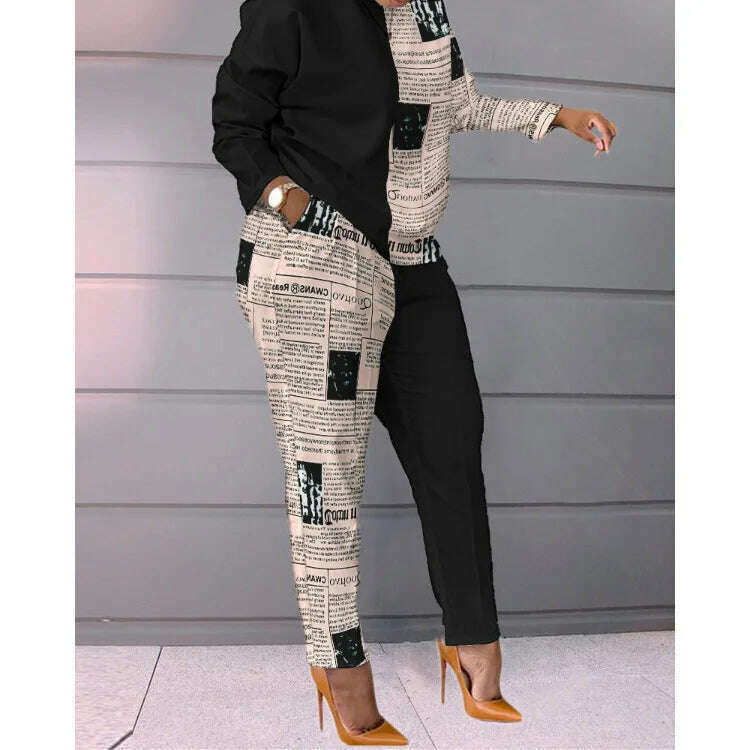 KIMLUD, Set Of Women Spring Autumn Two Pieces Casual Female Print Loose Pants Matching Suit Streetwear Long Sleeve Tops And Trousers Set, black khaki / S, KIMLUD APPAREL - Womens Clothes
