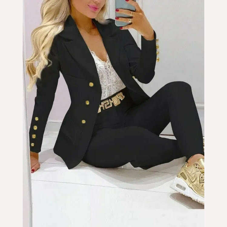 KIMLUD, Sets for Women 2 Pieces New Spring/Autumn Leisure Fashion Small Suit Women's Suit Women Blazer Set Elegant Jacket and Pants Set, black / S, KIMLUD Womens Clothes