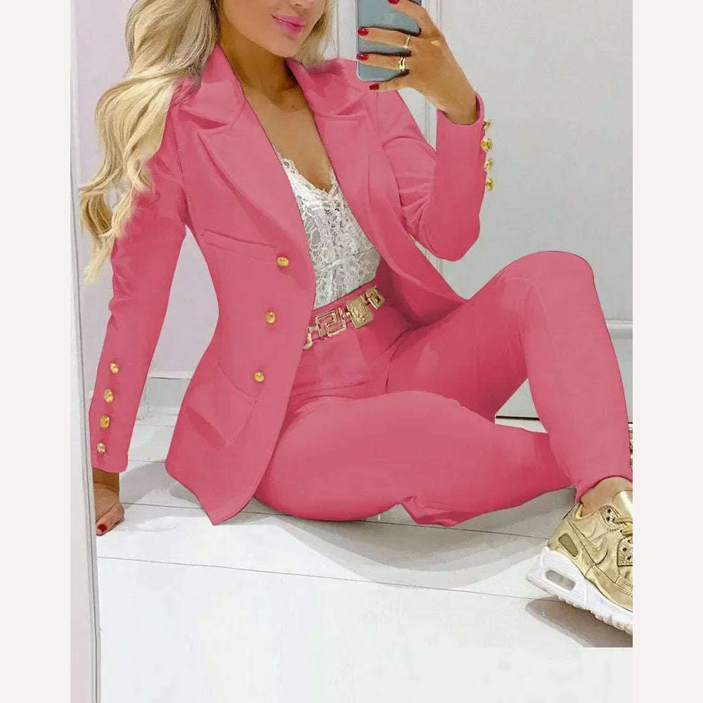 KIMLUD, Sets for Women 2 Pieces New Spring/Autumn Leisure Fashion Small Suit Women's Suit Women Blazer Set Elegant Jacket and Pants Set, Pink / S, KIMLUD Womens Clothes