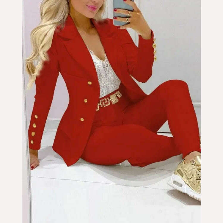 KIMLUD, Sets for Women 2 Pieces New Spring/Autumn Leisure Fashion Small Suit Women's Suit Women Blazer Set Elegant Jacket and Pants Set, Red / S, KIMLUD Womens Clothes