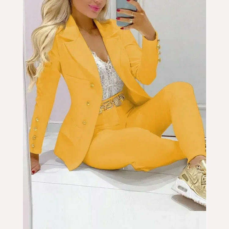 KIMLUD, Sets for Women 2 Pieces New Spring/Autumn Leisure Fashion Small Suit Women's Suit Women Blazer Set Elegant Jacket and Pants Set, Yellow / S, KIMLUD Womens Clothes