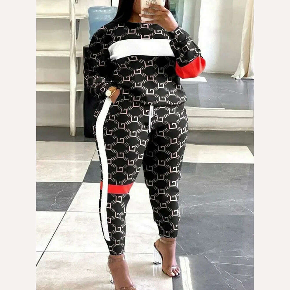 KIMLUD, Sets Outifits 2023 New Plus Size Geometric Print Colorblock Sweatshirt & Striped Sweatpants Set of Two Fashion Casual Pieces, KIMLUD Womens Clothes